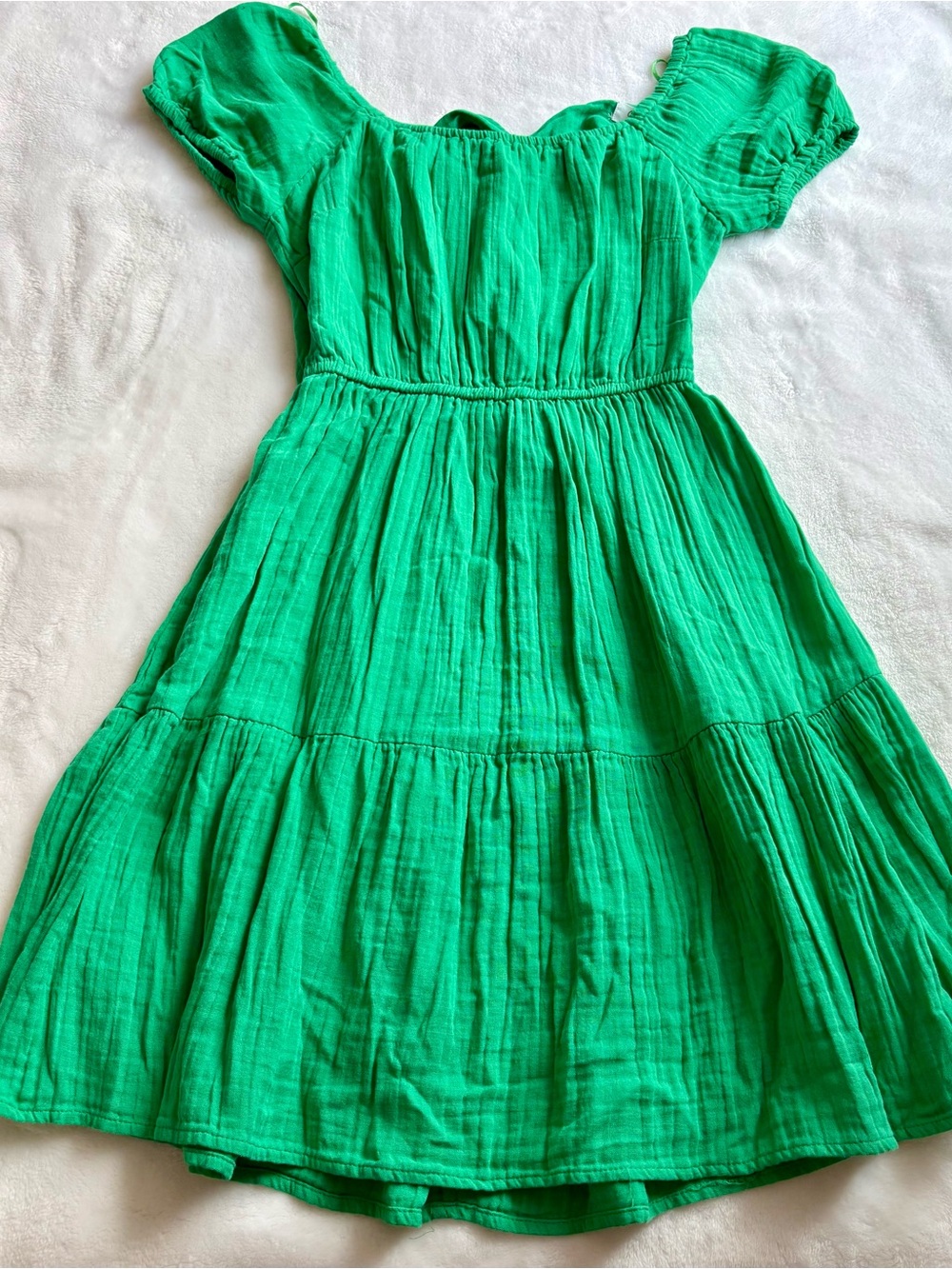 Kelly Green Cotton Gauze Cutout Tie-Back Tiered Mini Dress